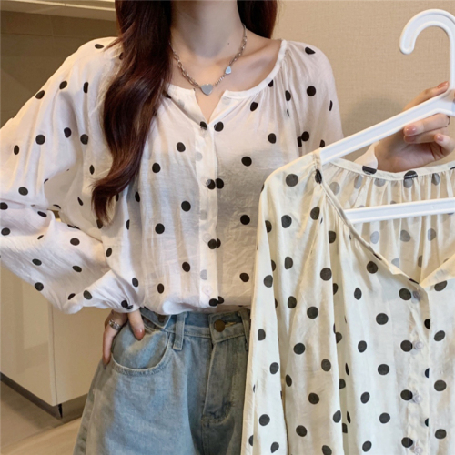 Real price French V-neck wave point Long Sleeve Chiffon shirt women's micro perspective thin sunscreen Shirt Top