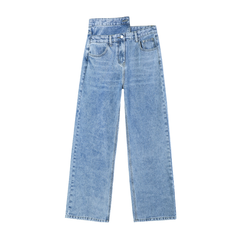 Real shooting three color retro light blue high waist design cross waist jeans women's thin pants vertical floor mops
