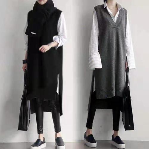 Korean sweater vest front short back long vest skirt knitted collar thickened medium length wool skirt