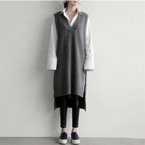 Korean sweater vest front short back long vest skirt knitted collar thickened medium length wool skirt
