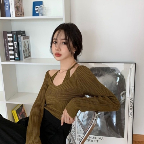 Fake two-piece neck hanging white sweater women's clothing spring and autumn new long sleeve slim fitting bottomed sweater top