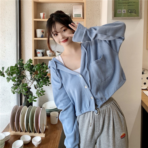 Real shooting autumn women's thin loose long sleeve solid color short cardigan sweater women's hooded top