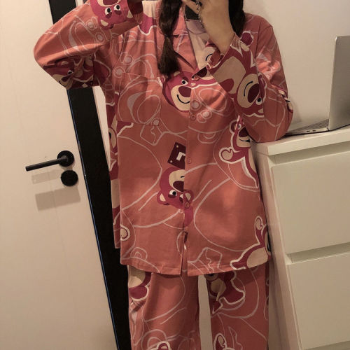 Real shooting 2021 Korean cute bear pajamas girls' spring and autumn two-piece long sleeved trousers home clothes