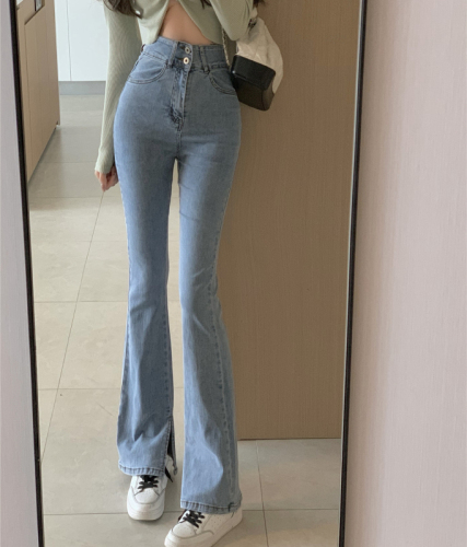 Real price long leg hot girl open line jeans women's summer retro micro pants high waist hip lift wide leg pants