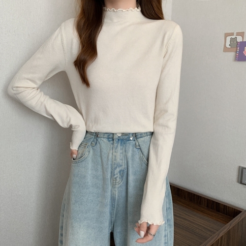 Fungus edge knitted women's autumn and winter Korean version slim fit and versatile solid color long sleeve half high collar top bottomed shirt