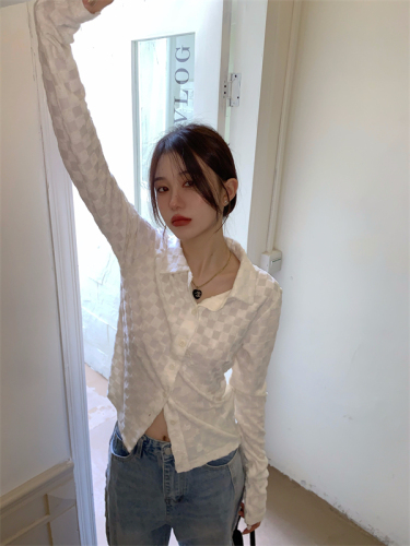 Real price ~ milky white shirt soft skin friendly thin Lapel checkerboard long sleeve slim fit blouse for women