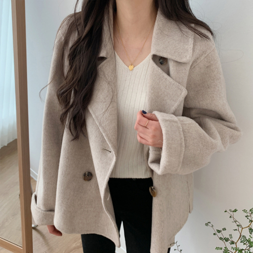 Korean chic double breasted Lapel short tweed coat