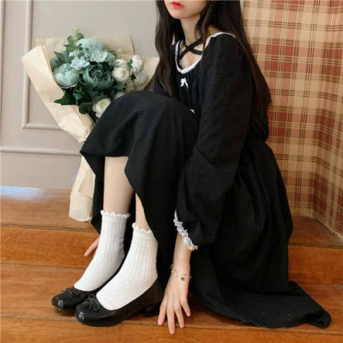 French temperament college dress 2021 autumn retro bandage hanging neck lace bubble sleeve Japanese small black skirt