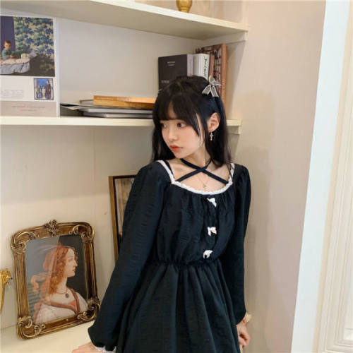 French temperament college dress 2021 autumn retro bandage hanging neck lace bubble sleeve Japanese small black skirt