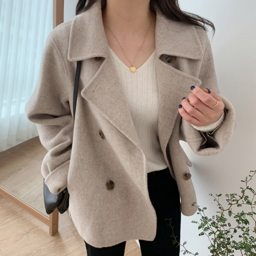 Korean chic double breasted Lapel short tweed coat