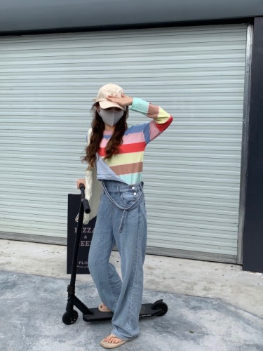Real price autumn winter sweater female Rainbow Stripe contrast Korean loose sweater long sleeve round neck lazy top