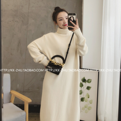 New Korean version loose thickened lazy wind high neck Pullover medium long knee sweater wool dress women