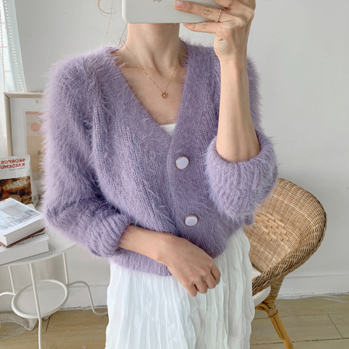 Fairy purple sweater cardigan women's 2020 autumn new short mink mohair sweater coat