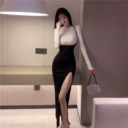 Real shooting sexy two-piece set of suspenders, split buttocks, low chest dress + white Long Sleeve bottomed blouse, women's blouse