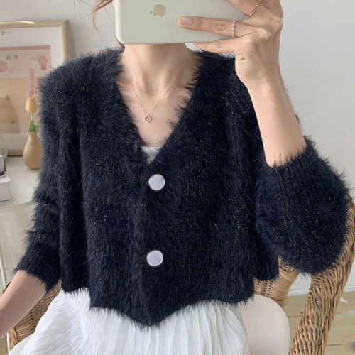 Fairy purple sweater cardigan women's 2020 autumn new short mink mohair sweater coat