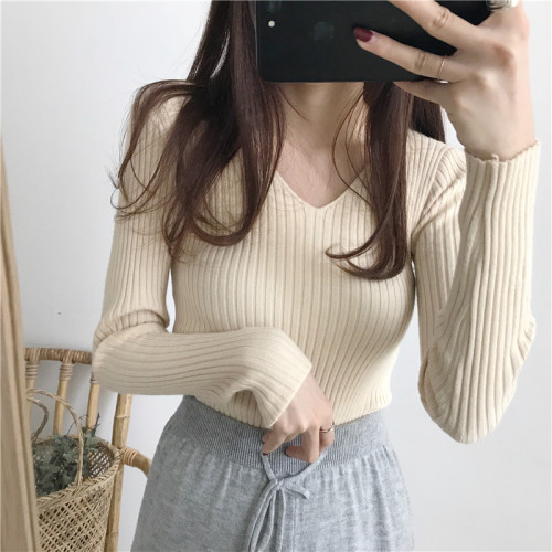 V-Neck Sweater women's spring dress new style foreign style versatile sexy bottomed shirt inner top tight sweater fashion