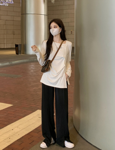 Real shot real price black straight tube wide leg split suit pants show thin vertical feeling casual floor mops
