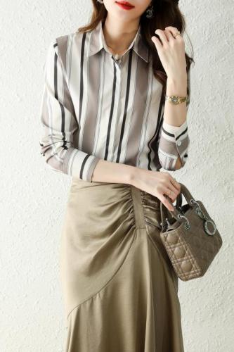 Chiffon shirt women's 2021 autumn new vertical stripe silk casual loose shirt