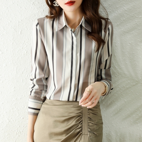 Chiffon shirt women's 2021 autumn new vertical stripe silk casual loose shirt