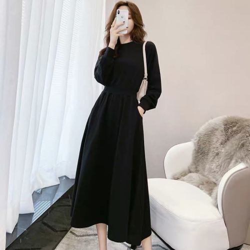Autumn and winter new Korean temperament long sleeve large size slim big swing waist long sweater dress women's fashion