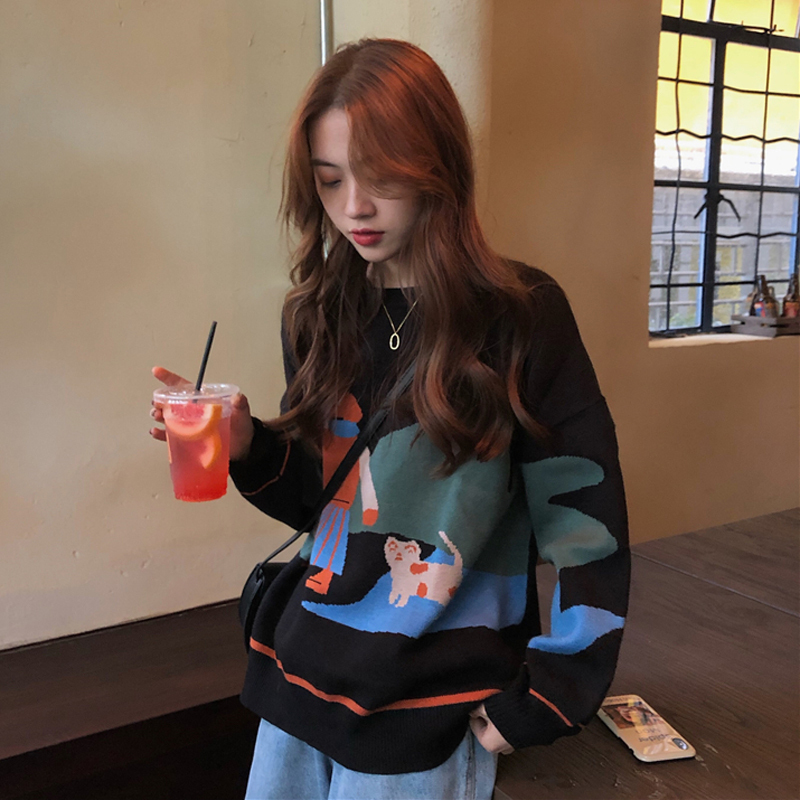 Autumn sweater women's new loose Korean style versatile interesting jacquard wear long sleeve Pullover Top