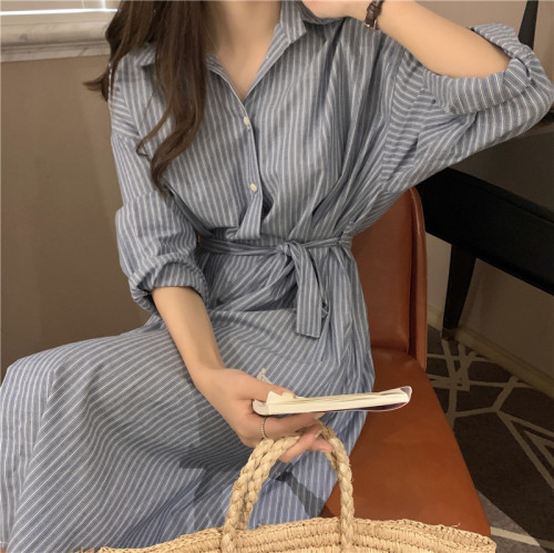 Real price Korean chic loose tie Stripe Dress Medium length 2 colors