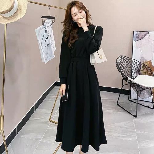 Autumn and winter new Korean temperament long sleeve large size slim big swing waist long sweater dress women's fashion