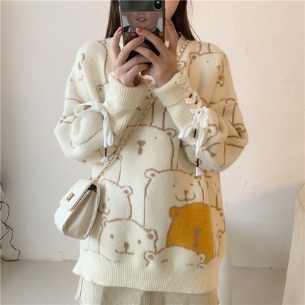 Autumn and winter new net red ins sweater women's loose and lazy bear cartoon round neck Pullover Knitted Top