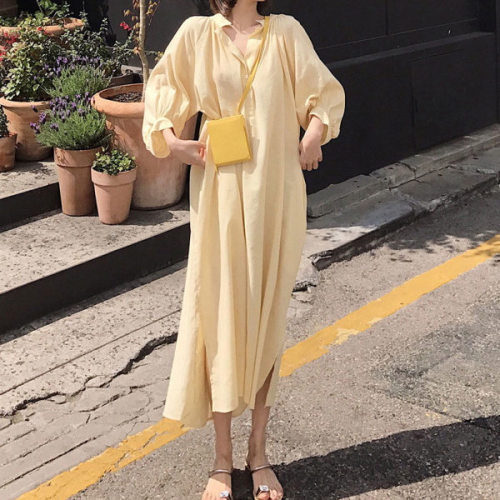 New casual yellow Plaid Shirt V-neck dress autumn and winter 2021 new solid color bubble sleeve shirt long skirt