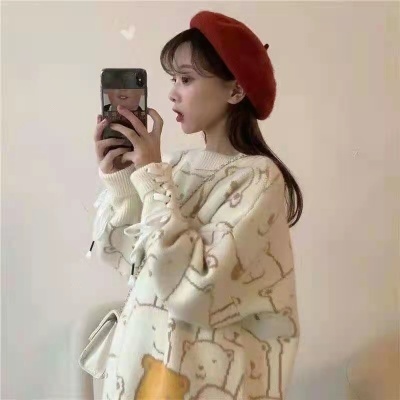 Autumn and winter new net red ins sweater women's loose and lazy bear cartoon round neck Pullover Knitted Top