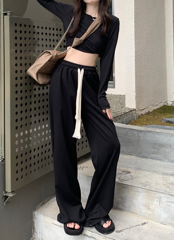 Real price real shooting dark wind leisure sports suit lace collar Top + drawstring pants