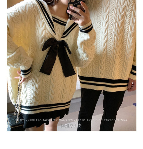 Lovers' new fall / winter 2020 Japanese college style color contrast round neck Pullover Sweater Top