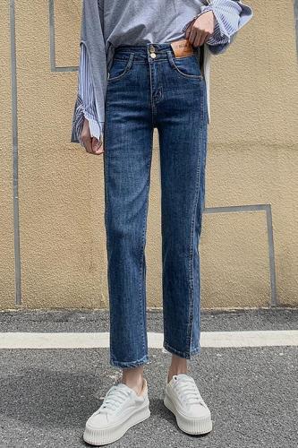 Real shooting autumn high waist slim fit versatile elastic 9-point pipe pants split bone straight jeans women