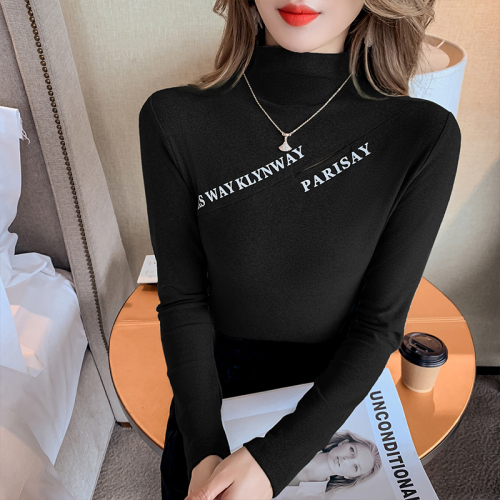 Watch out for machine cut-out, sexy thickened velvet long sleeve, thin half high collar, double-sided velvet slim bottoming blouse, women's autumn and winter