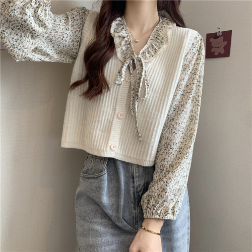 Real shooting and real price ~ new style shirt, women's French broken flower Lapel lace up shirt + knitted vest