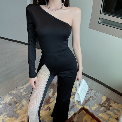 Real shot ~ European and American women's sexy fashion one shoulder long sleeve high waist conjoined pants perspective flared pants banquet dress women