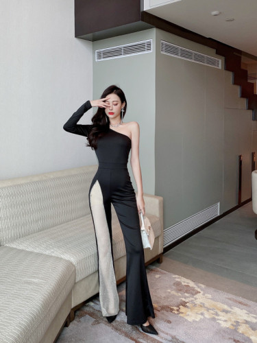 Real shot ~ European and American women's sexy fashion one shoulder long sleeve high waist conjoined pants perspective flared pants banquet dress women