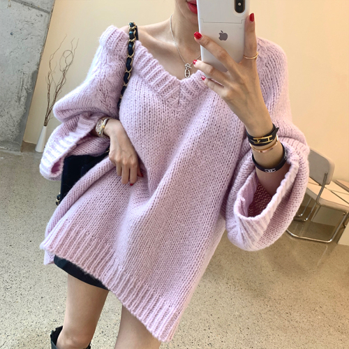 Autumn and winter V-neck thickened trumpet sleeve sweater coat women's loose lazy sweater