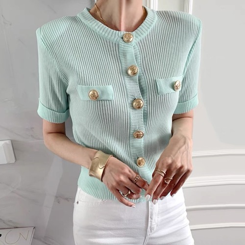 Korean chic summer French elegant round neck single row metal buckle slim fit short knit cardigan women's top