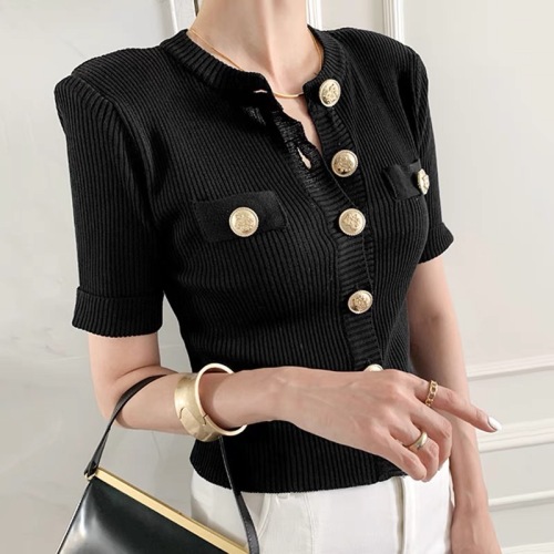 Korean chic summer French elegant round neck single row metal buckle slim fit short knit cardigan women's top