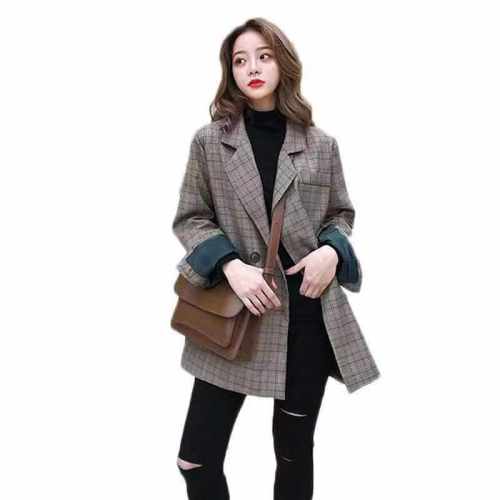 Korean chic small suit coat women's  spring and Autumn New Korean loose thousand bird lattice retro suit