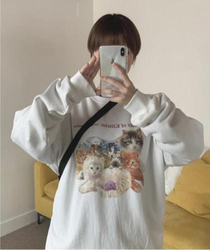 Super cute funny antique cat computer printed round neck Pullover Sweater Korean autumn and winter girl