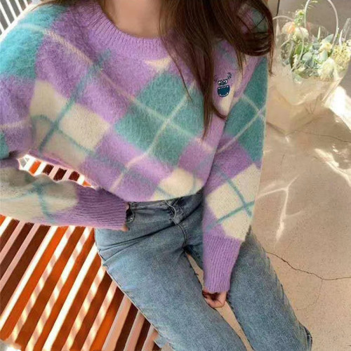 Japanese Xianqi soft milk sweater women's  new autumn cocoon type Pullover loose outside wear contrast diamond check sweater
