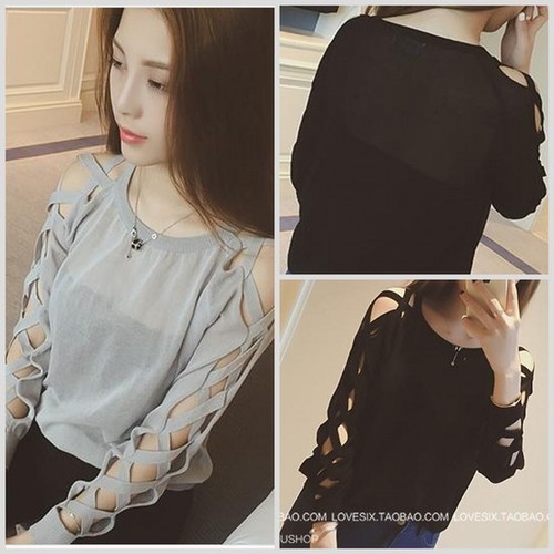 2021 autumn Korean new versatile lace up cross cut long sleeve breathable sweater top
