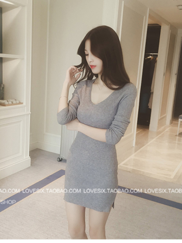 European and American autumn clothes Korean new elastic long sleeve V-neck slim knit dress