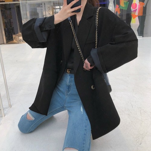 Small suit coat women's autumn Korean loose casual hanging feeling thin medium and long double breasted suit top