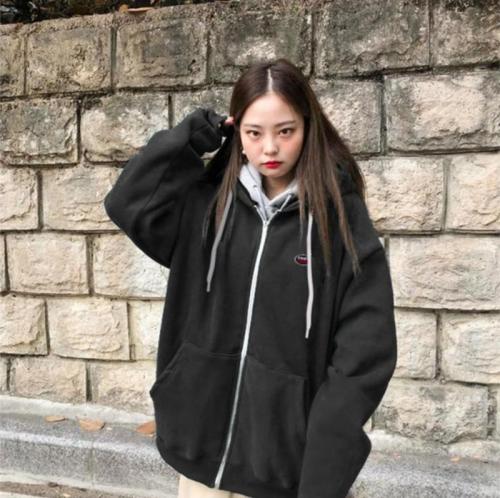 Korean retro college girls embroidery small circle letter zipper jacket Hooded Sweater Plush winter