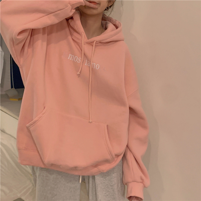Plush thickened Hoodie loose letter print Plush thickened Pink Long Sleeved sweater women's wear