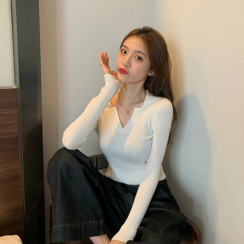 Autumn women's dress design sense candy color slim Polo knitted bottomed shirt women wear thin V-neck top, foreign style