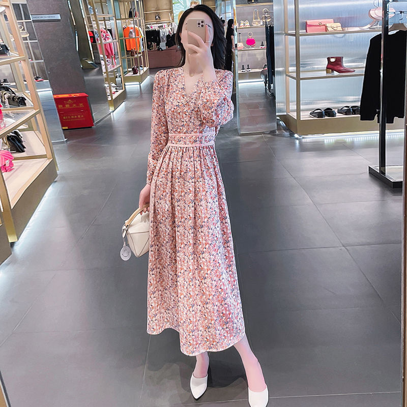 Temperament V-neck floral long sleeve dress 2021 autumn new waist slim long skirt fashion medium long skirt